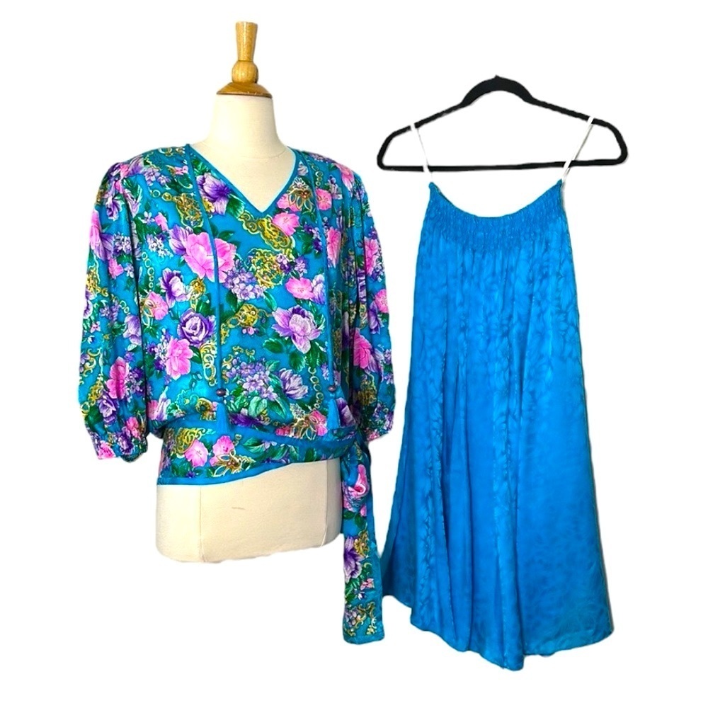 DIANE FREIS Vintage 80s Silk Jacquard Skirt Blouse Set 2‎ Piece Floral Bohemian